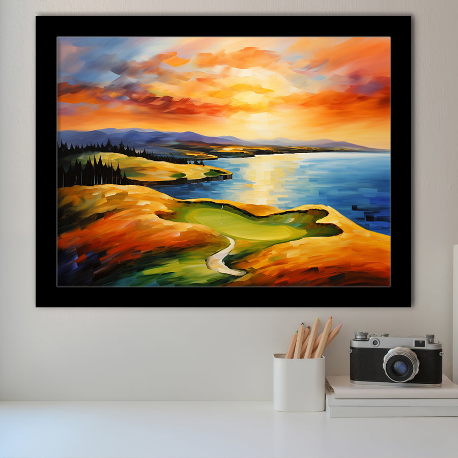 Chambers Bay Golf Course Hole 15 In Sunset Painting Framed Art Prints Wall Decor, Framed Painting Art
