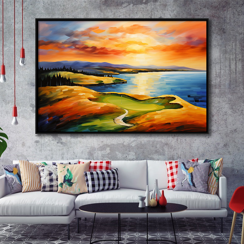 Chambers Bay Golf Course Hole 15 In Sunset Painting, Framed Canvas Prints Wall Art Decor, Floating Frame