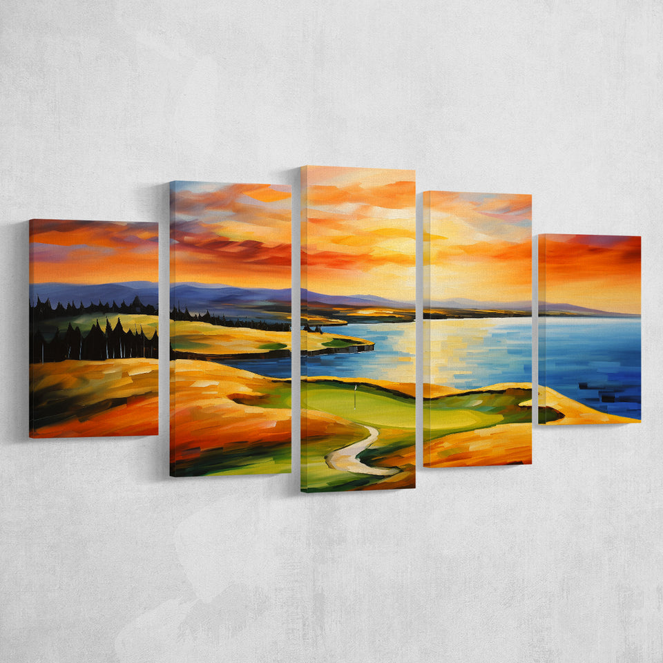 Chambers Bay Golf Course Hole 15 In Sunset Painting Mixed 5 Panel Large Canvas Prints Wall Art Decor