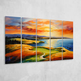 Chambers Bay Golf Course Hole 15 In Sunset Painting,5 Panel Extra Large Canvas Prints Wall Art Decor