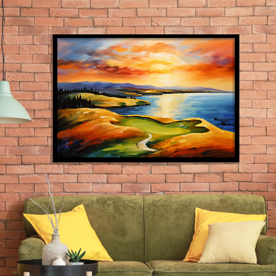 Chambers Bay Golf Course Hole 15 In Sunset Painting Framed Art Prints Wall Decor, Framed Painting Art