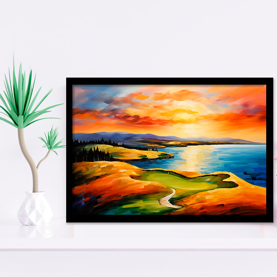 Chambers Bay Golf Course Hole 15 In Sunset Painting Framed Art Prints Wall Decor, Framed Painting Art