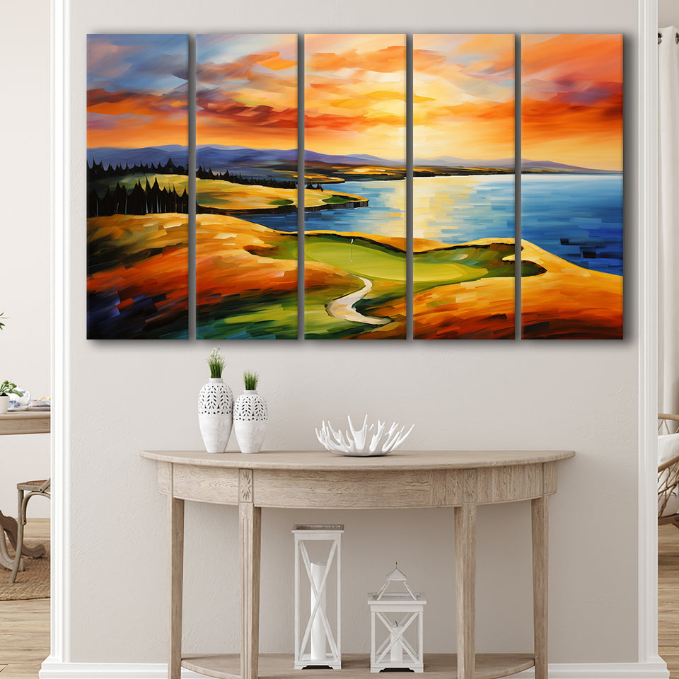 Chambers Bay Golf Course Hole 15 In Sunset Painting,5 Panel Extra Large Canvas Prints Wall Art Decor