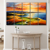 Chambers Bay Golf Course Hole 15 In Sunset Painting,5 Panel Extra Large Canvas Prints Wall Art Decor
