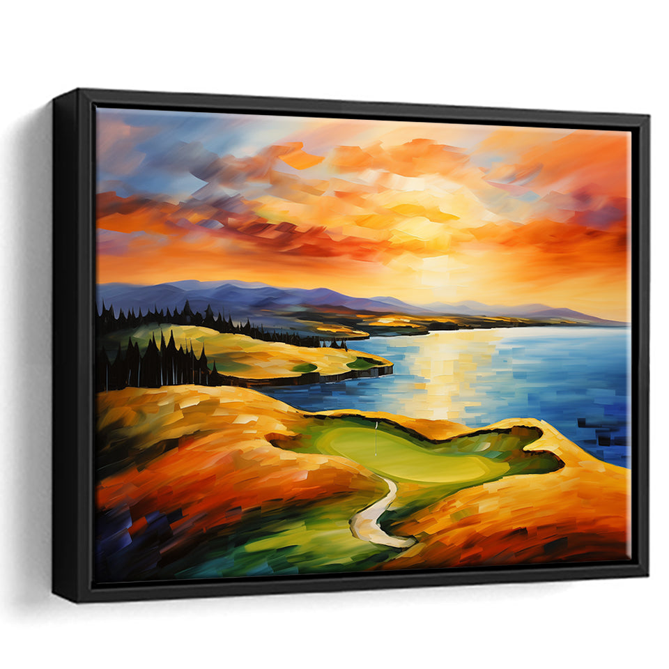 Chambers Bay Golf Course Hole 15 In Sunset Painting, Framed Canvas Prints Wall Art Decor, Floating Frame