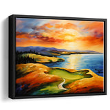Chambers Bay Golf Course Hole 15 In Sunset Painting, Framed Canvas Prints Wall Art Decor, Floating Frame