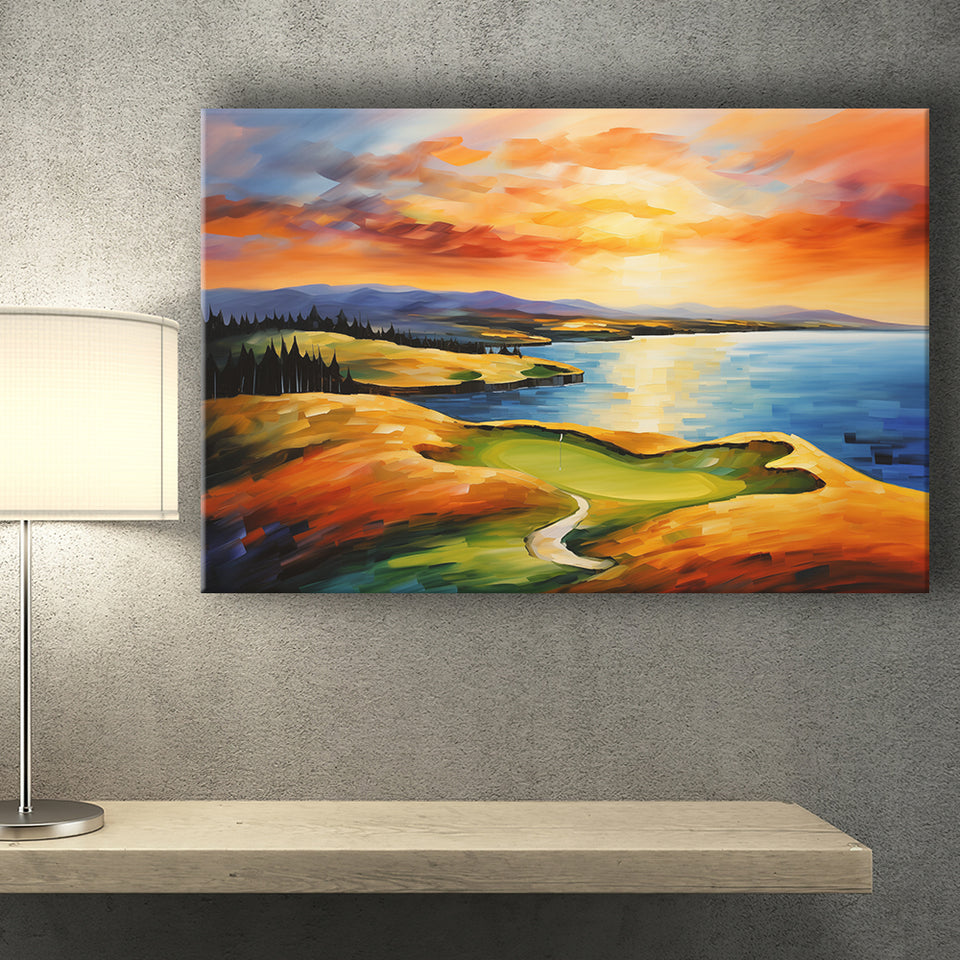 Chambers Bay Golf Course Hole 15 In Sunset Painting Canvas Prints Wall Art, Painting Art Home Decor