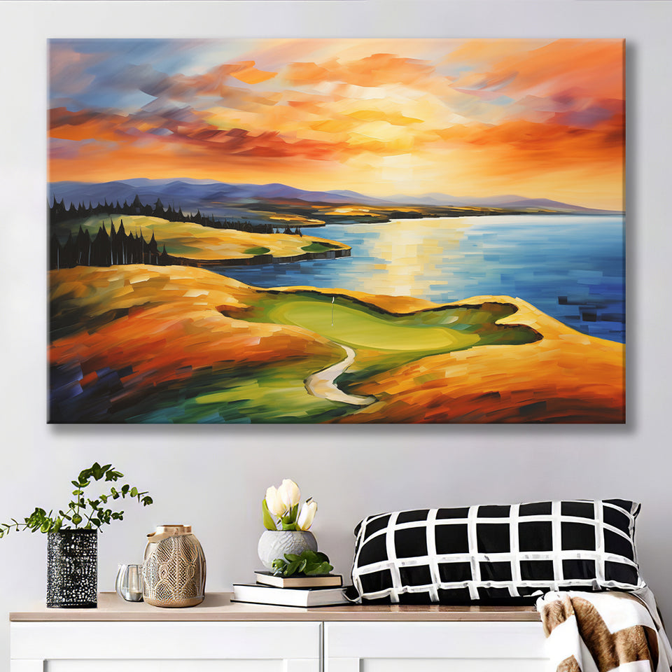 Chambers Bay Golf Course Hole 15 In Sunset Painting Canvas Prints Wall Art, Painting Art Home Decor