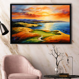 Chambers Bay Golf Course Hole 15 In Sunset Painting, Framed Canvas Prints Wall Art Decor, Floating Frame