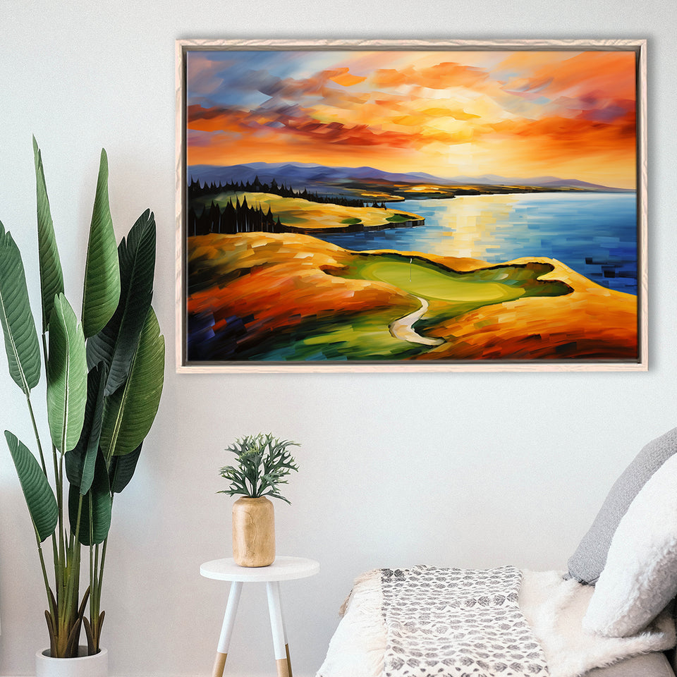 Chambers Bay Golf Course Hole 15 In Sunset Painting, Framed Canvas Prints Wall Art Decor, Floating Frame