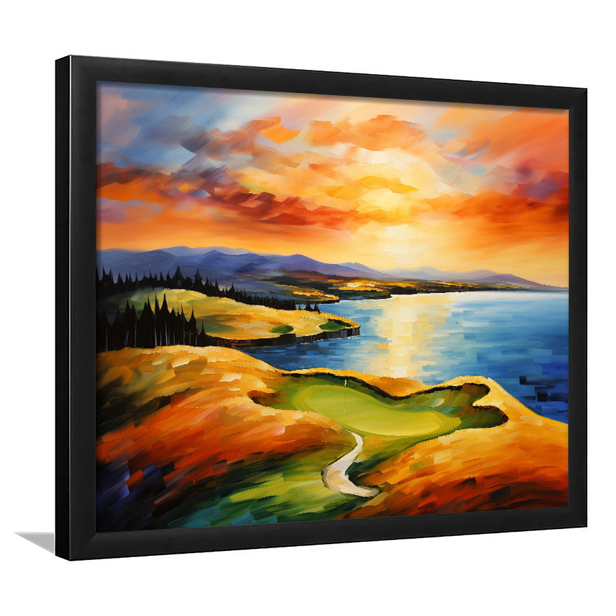 Chambers Bay Golf Course Hole 15 In Sunset Painting Framed Art Prints Wall Decor, Framed Painting Art