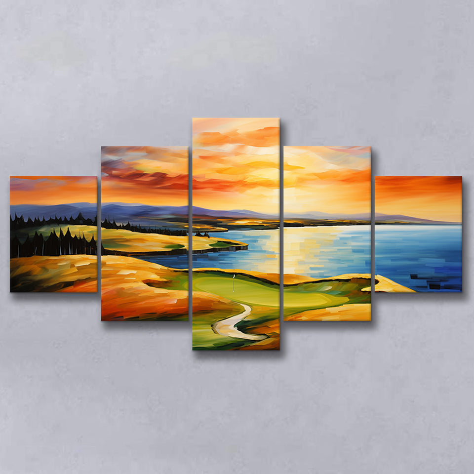 Chambers Bay Golf Course Hole 15 In Sunset Painting Mixed 5 Panel Large Canvas Prints Wall Art Decor