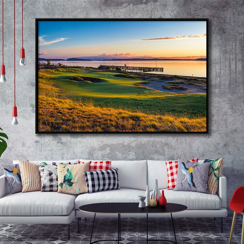Chambers Bay Golf Course, Hole 17, Golf Art Print, Framed Canvas Prints Wall Art Decor, Floating Frame