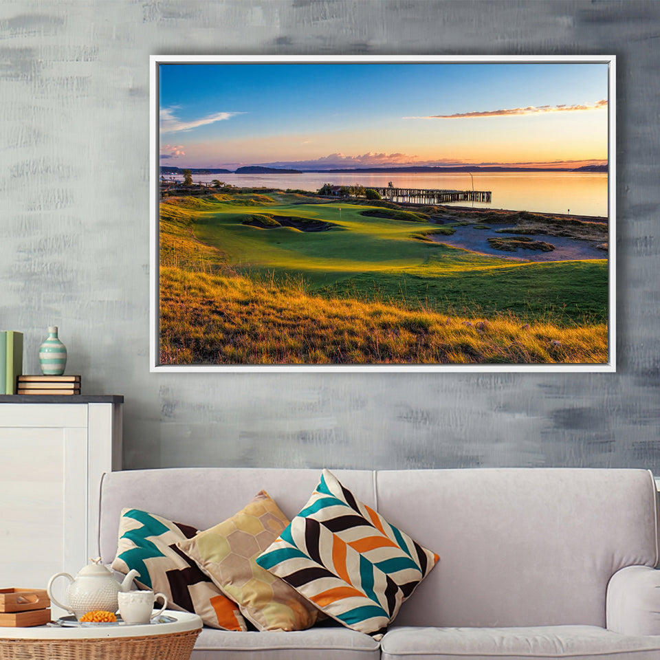 Chambers Bay Golf Course, Hole 17, Golf Art Print, Framed Canvas Prints Wall Art Decor, Floating Frame