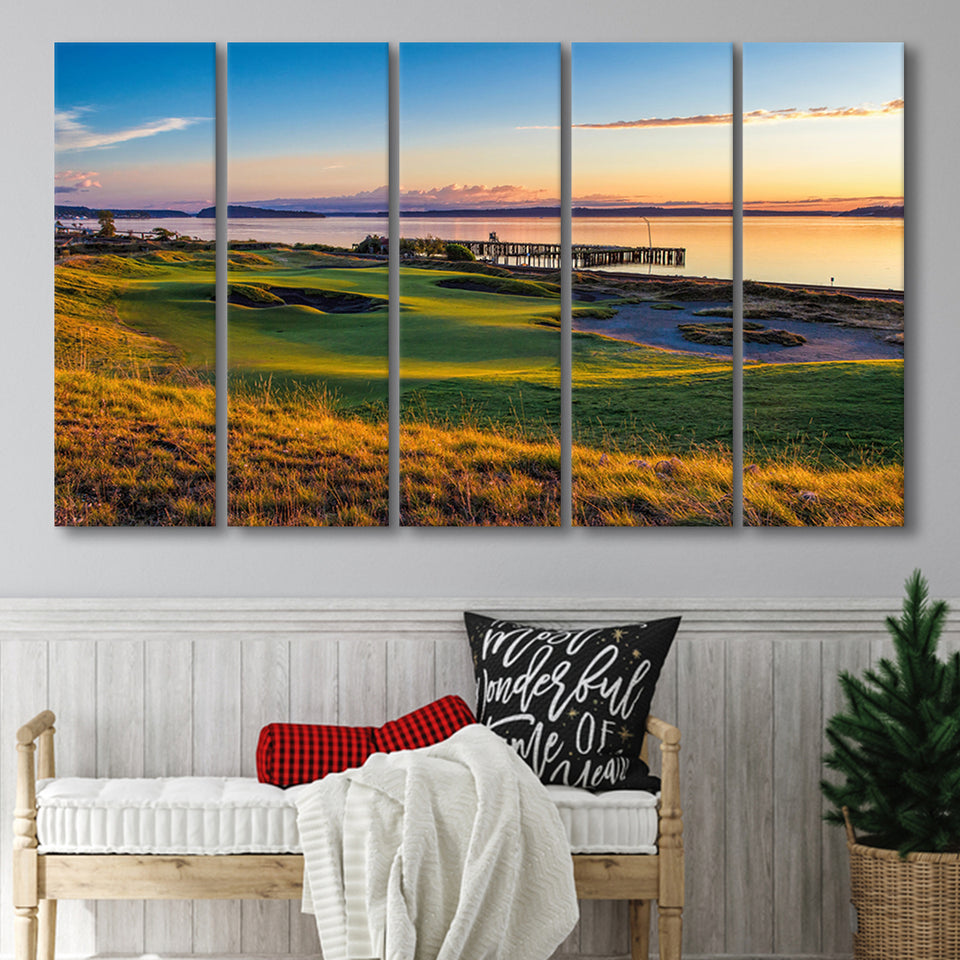 Chambers Bay Golf Course, Hole 17, 5 Panels Extra Large Canvas Prints Wall Art Decor