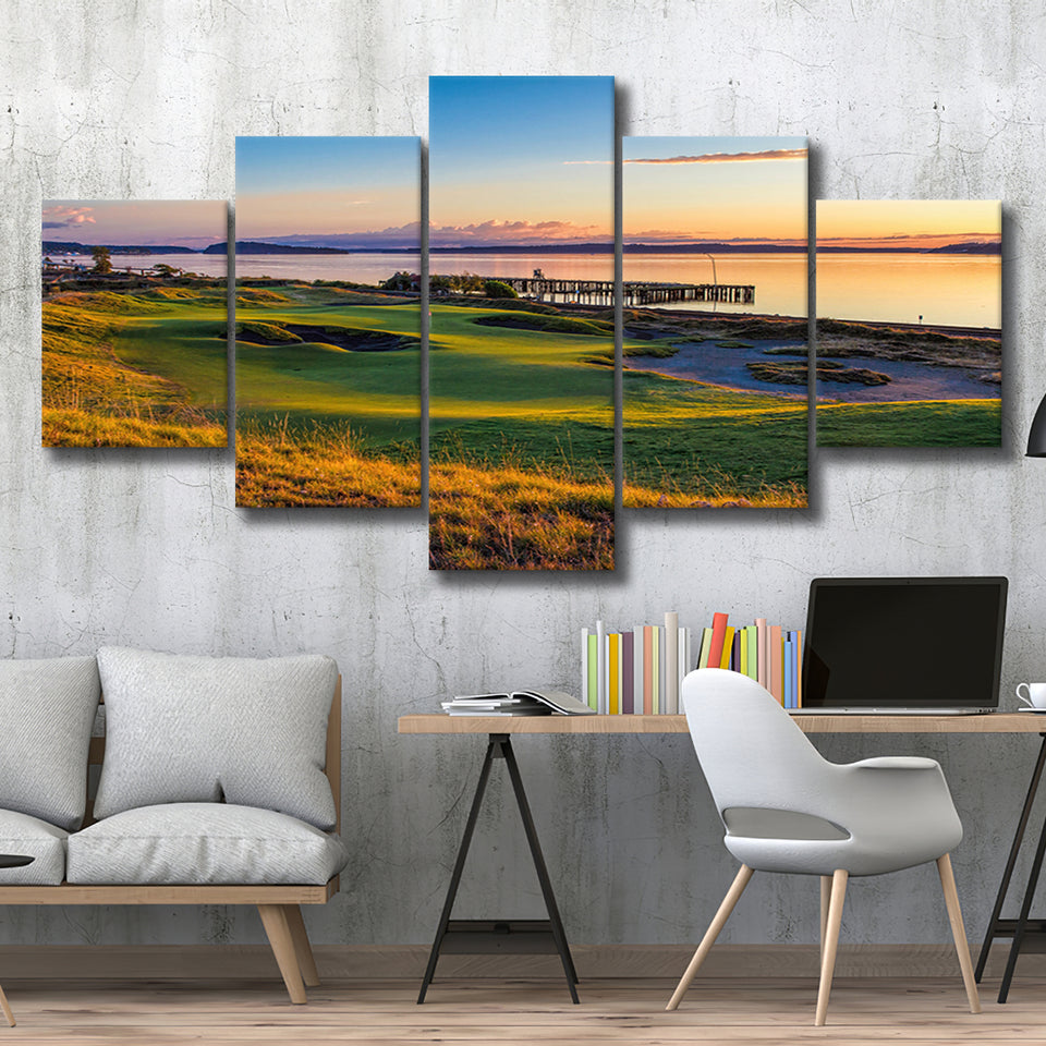 Chambers Bay Golf Course, Hole 17, Golf Art Print, 5 Panels Canvas Prints Wall Art Decor
