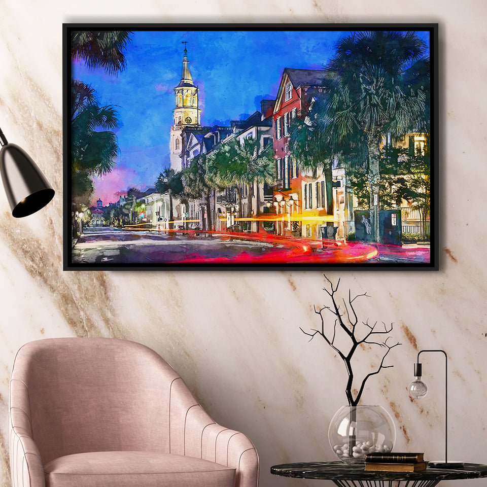 Charleston South Carolina Usa Cityscape Historic V1 City Art Watercolor Framed Canvas Prints Wall Art Home Decor,Floating Frame