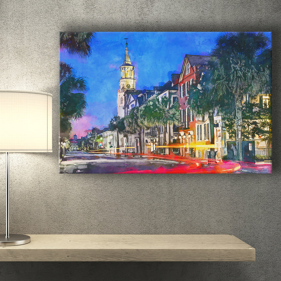 Charleston South Carolina Usa Cityscape Historic V1 City Art Watercolor Canvas Prints Wall Art Home Decor, Large Canvas