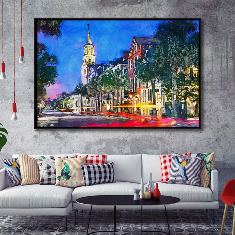 Charleston South Carolina Usa Cityscape Historic V1 City Art Watercolor Framed Canvas Prints Wall Art Home Decor,Floating Frame