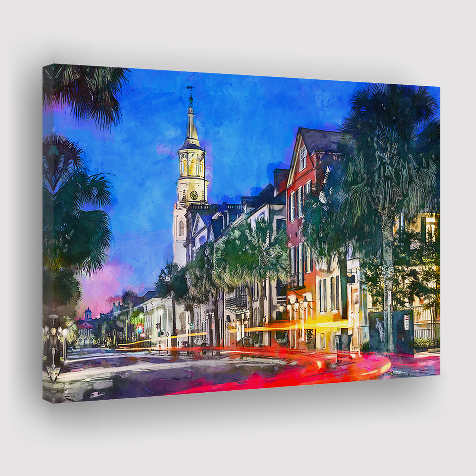 Charleston South Carolina Usa Cityscape Historic V1 City Art Watercolor Canvas Prints Wall Art Home Decor, Large Canvas