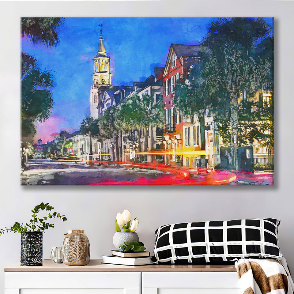 Charleston South Carolina Usa Cityscape Historic V1 City Art Watercolor Canvas Prints Wall Art Home Decor, Large Canvas