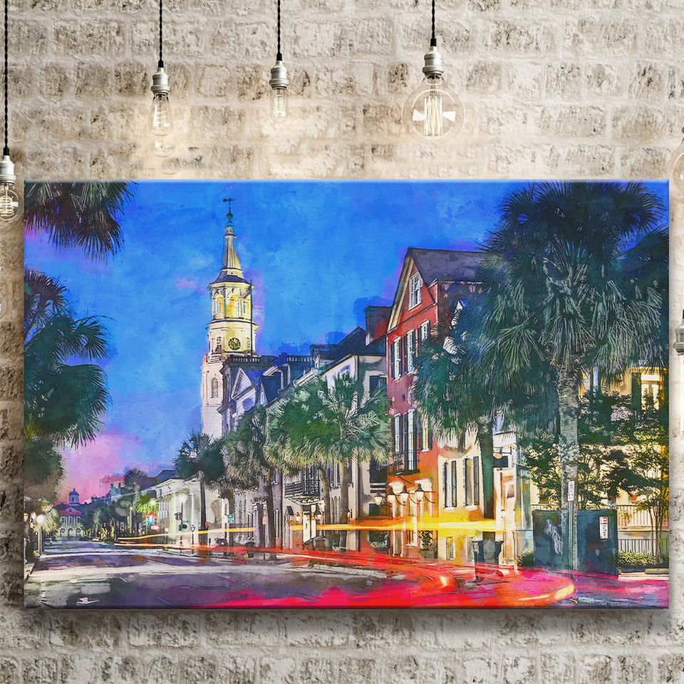 Charleston South Carolina Usa Cityscape Historic V1 City Art Watercolor Canvas Prints Wall Art Home Decor, Large Canvas