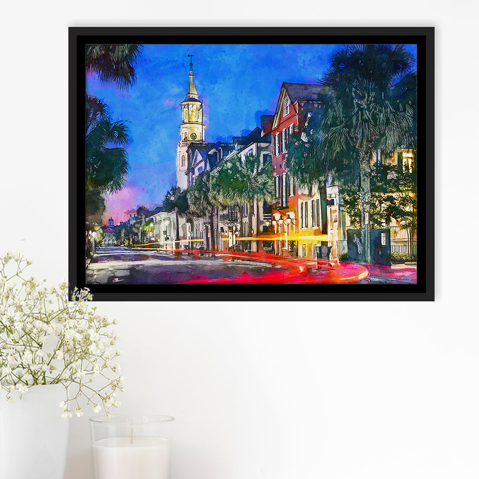 Charleston South Carolina Usa Cityscape Historic V1 City Art Watercolor Framed Canvas Prints Wall Art Home Decor,Floating Frame