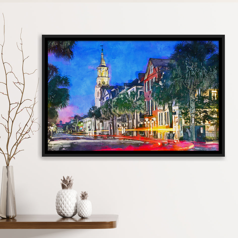 Charleston South Carolina Usa Cityscape Historic V1 City Art Watercolor Framed Canvas Prints Wall Art Home Decor,Floating Frame