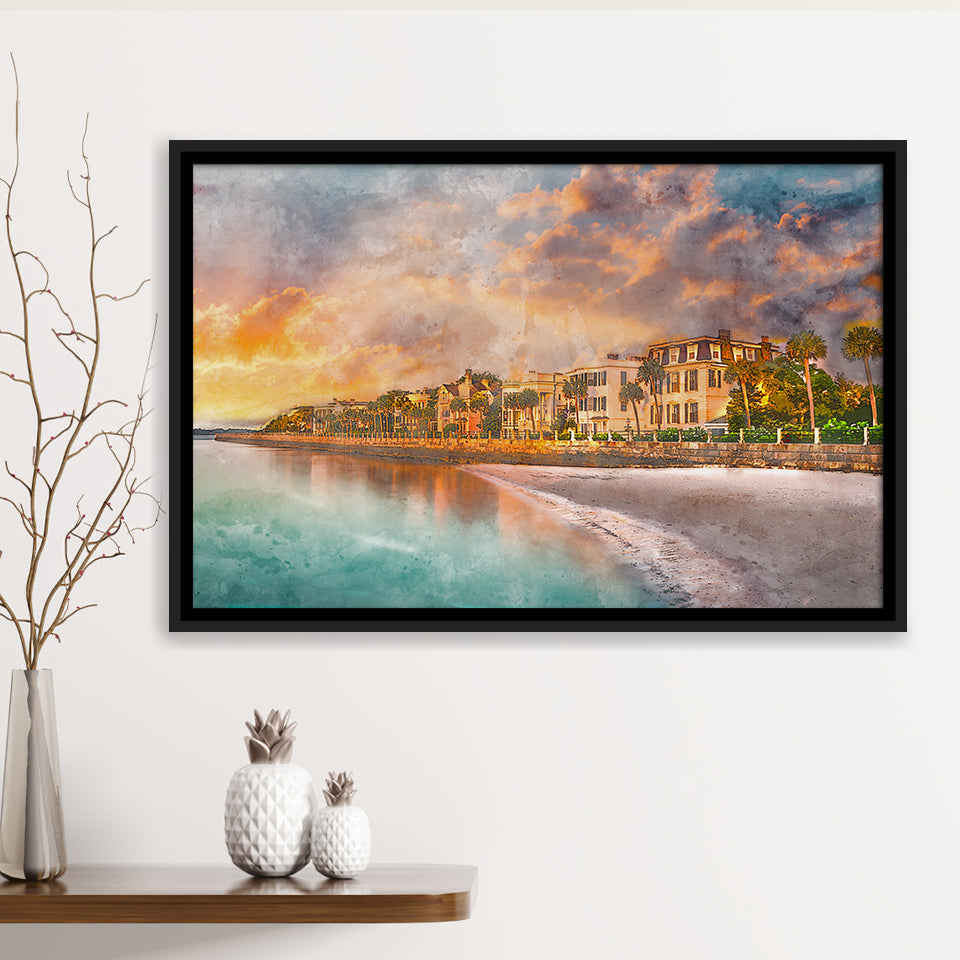 Charleston South Carolina Usa Historic Homes City Art Watercolor Framed Canvas Prints Wall Art Home Decor,Floating Frame