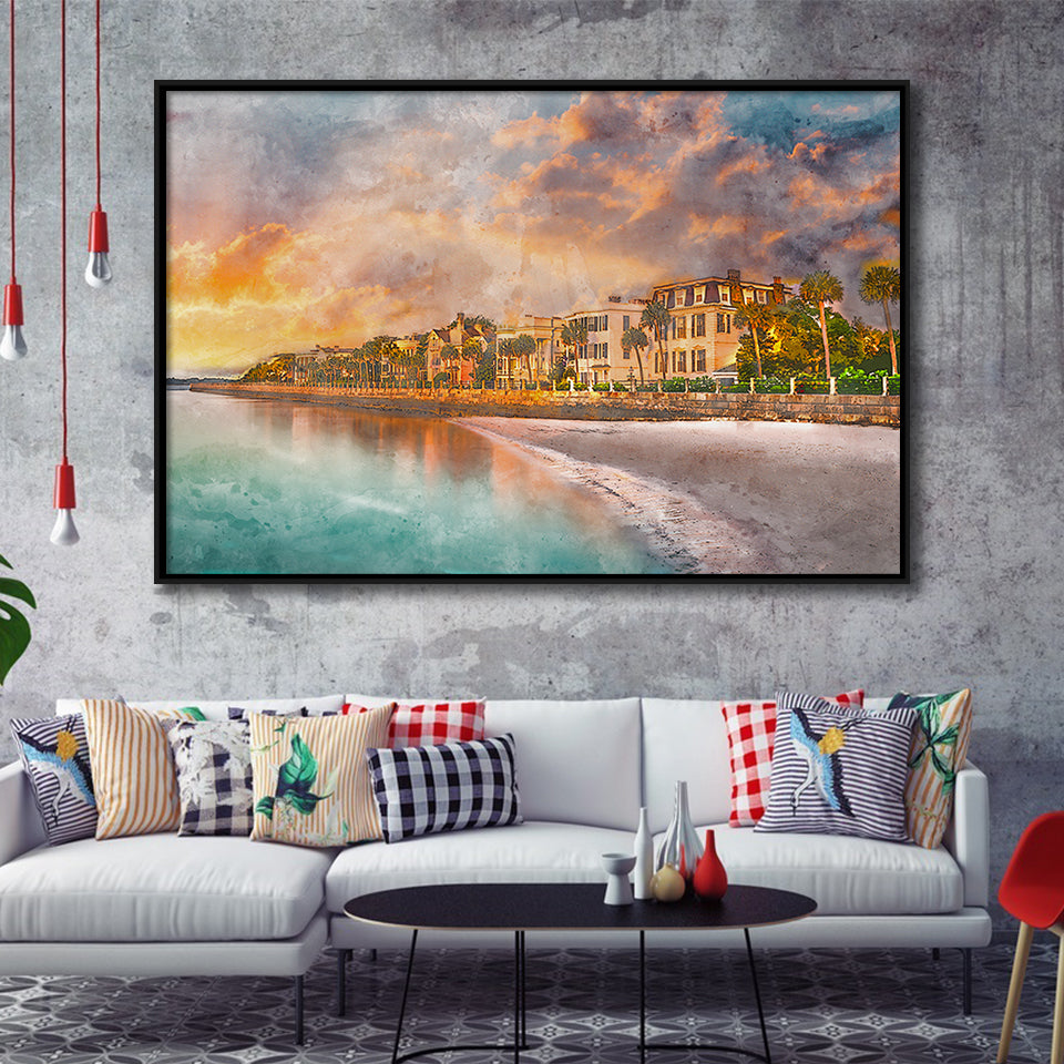 Charleston South Carolina Usa Historic Homes City Art Watercolor Framed Canvas Prints Wall Art Home Decor,Floating Frame