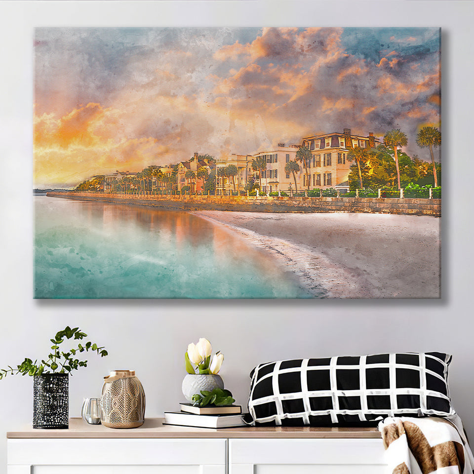 Charleston South Carolina Usa Historic Homes City Art Watercolor Canvas Prints Wall Art Home Decor, Large Canvas