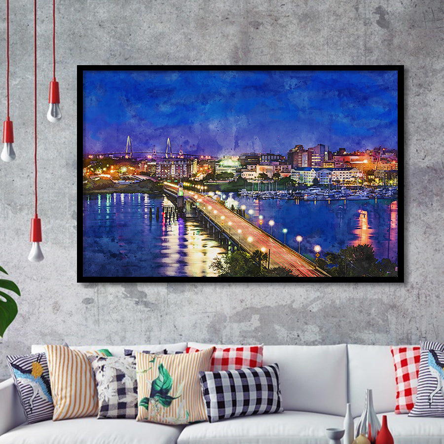 Charleston South Carolina Usa Skyline Over City Art Watercolor Framed Art Prints Wall Art Decor,Framed Picture