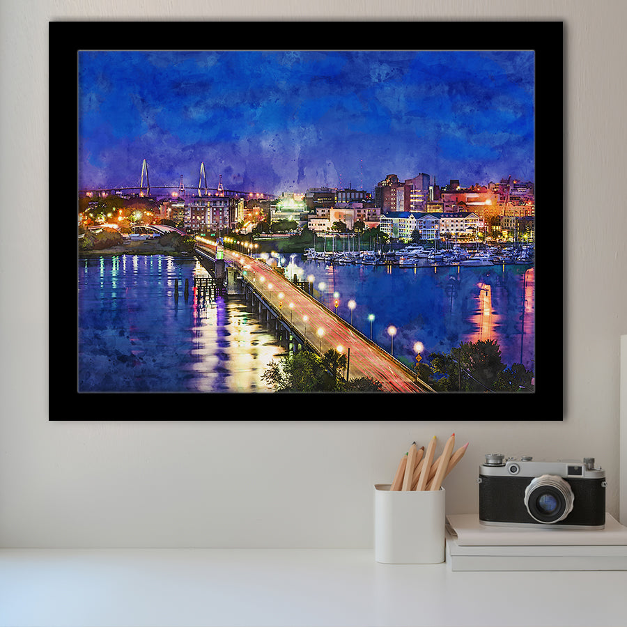 Charleston South Carolina Usa Skyline Over City Art Watercolor Framed Art Prints Wall Art Decor,Framed Picture