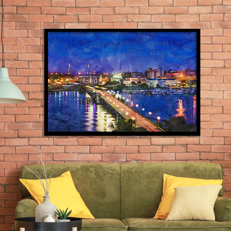 Charleston South Carolina Usa Skyline Over City Art Watercolor Framed Art Prints Wall Art Decor,Framed Picture