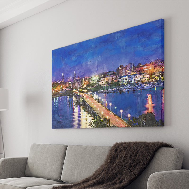 Charleston South Carolina Usa Skyline Over City Art Watercolor Canvas Prints Wall Art Home Decor, Large Canvas