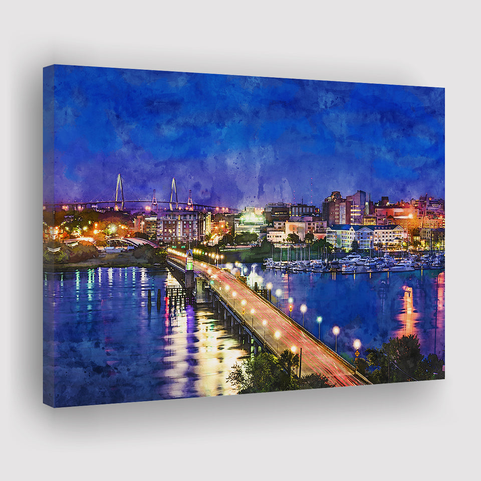 Charleston South Carolina Usa Skyline Over City Art Watercolor Canvas Prints Wall Art Home Decor, Large Canvas