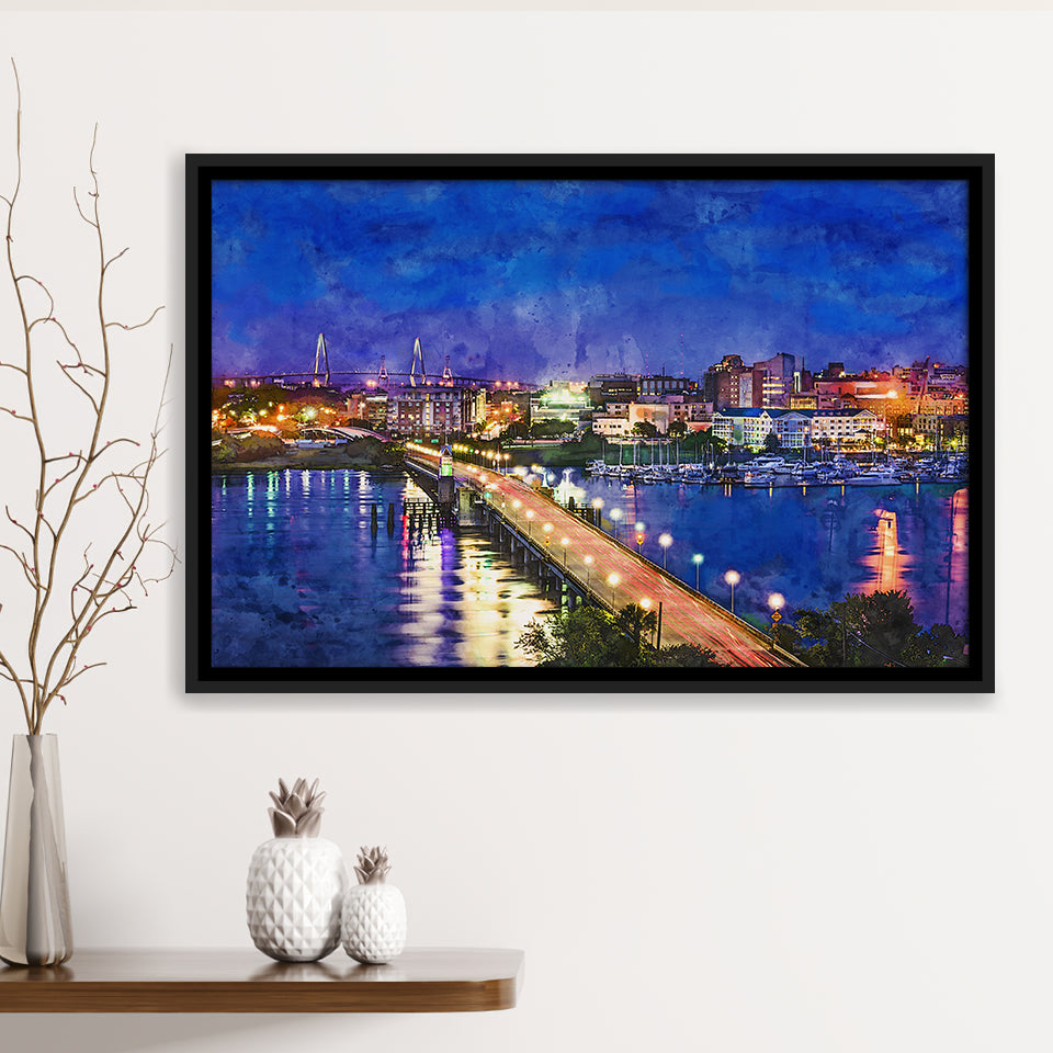 Charleston South Carolina Usa Skyline Over City Art Watercolor Framed Canvas Prints Wall Art Home Decor,Floating Frame