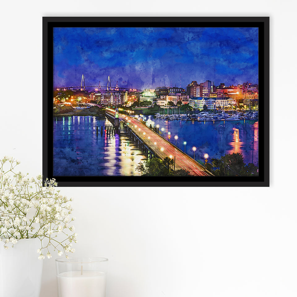 Charleston South Carolina Usa Skyline Over City Art Watercolor Framed Canvas Prints Wall Art Home Decor,Floating Frame