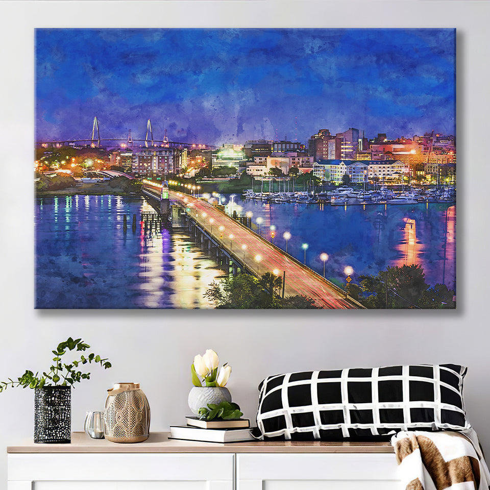 Charleston South Carolina Usa Skyline Over City Art Watercolor Canvas Prints Wall Art Home Decor, Large Canvas