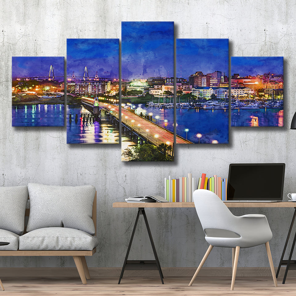Charleston South Carolina Usa Skyline Over 5 Pieces Mixed Canvas Prints Wall Art Home Decor