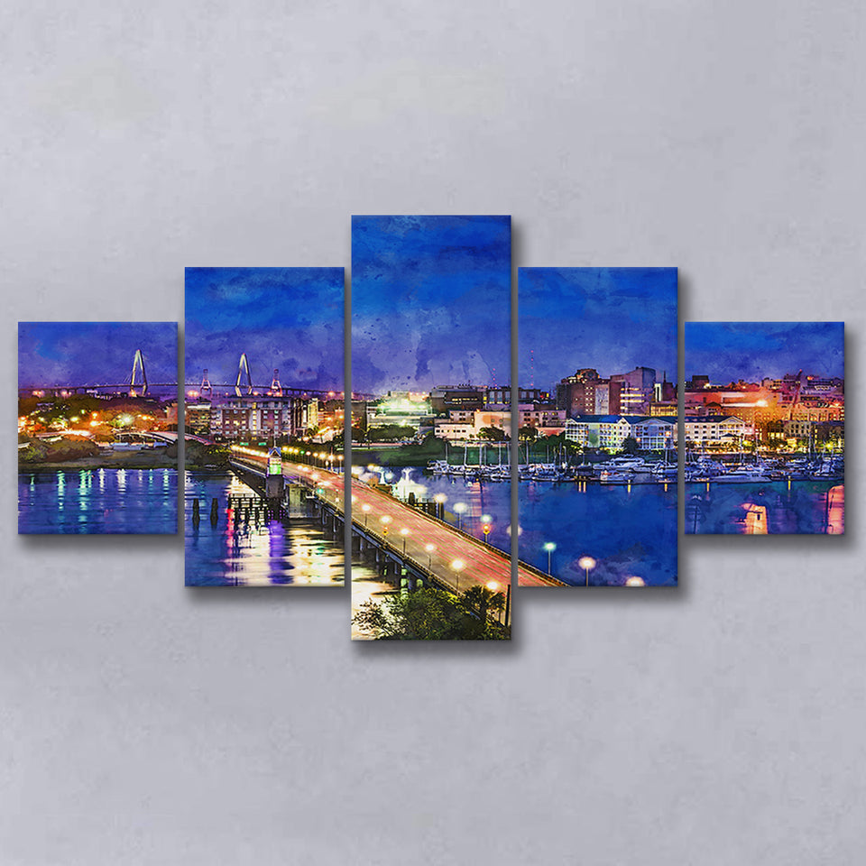 Charleston South Carolina Usa Skyline Over 5 Pieces Mixed Canvas Prints Wall Art Home Decor