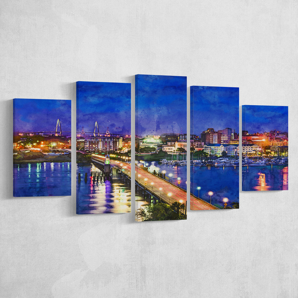 Charleston South Carolina Usa Skyline Over 5 Pieces Mixed Canvas Prints Wall Art Home Decor
