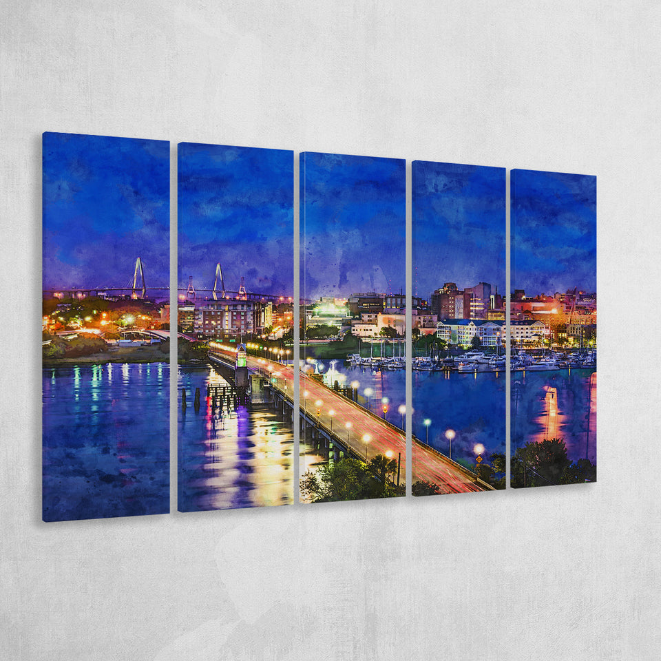 Charleston South Carolina Usa Skyline Over 5 Pieces Extra Large Canvas Prints Wall Art Home Decor