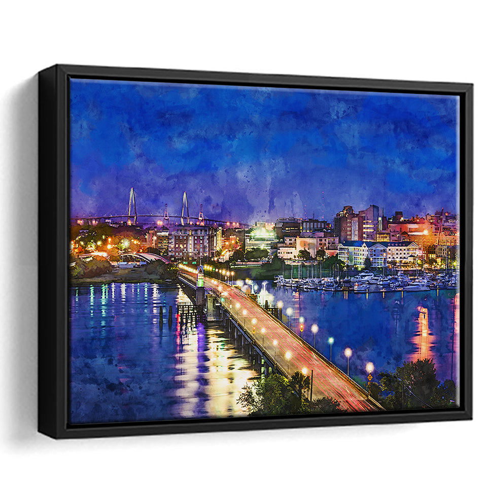 Charleston South Carolina Usa Skyline Over City Art Watercolor Framed Canvas Prints Wall Art Home Decor,Floating Frame
