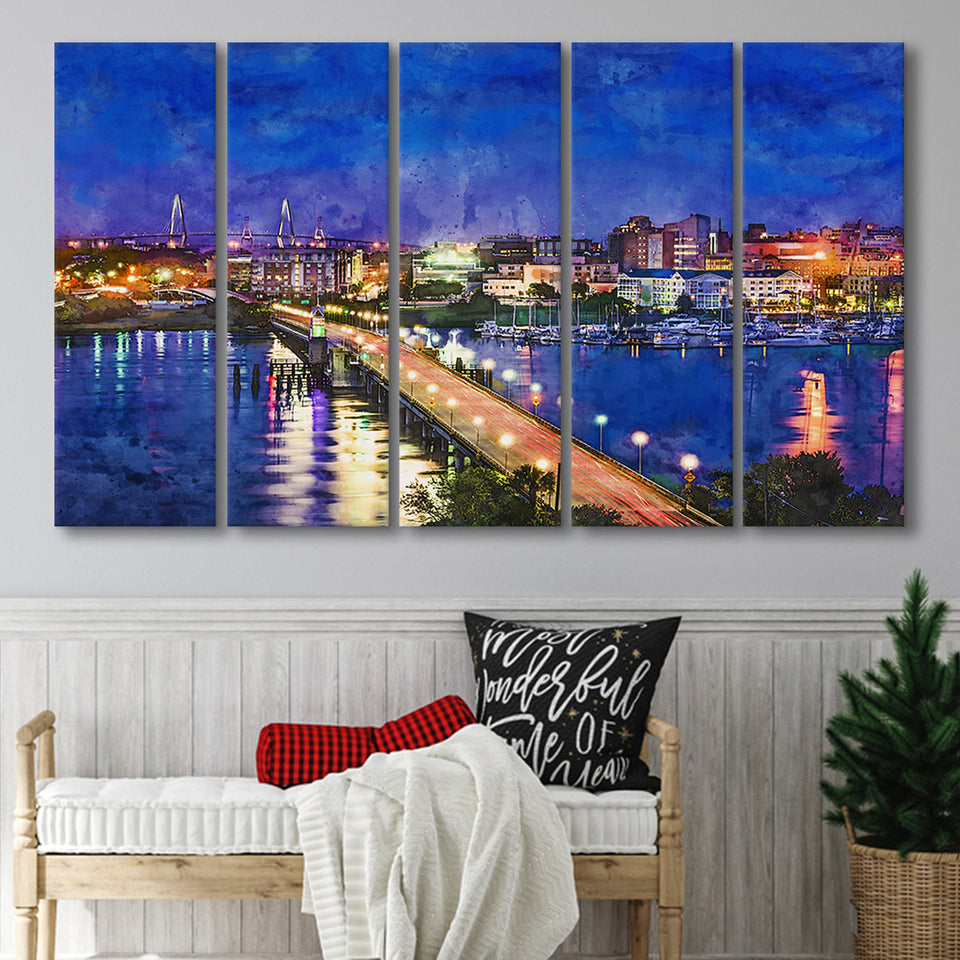 Charleston South Carolina Usa Skyline Over 5 Pieces Extra Large Canvas Prints Wall Art Home Decor