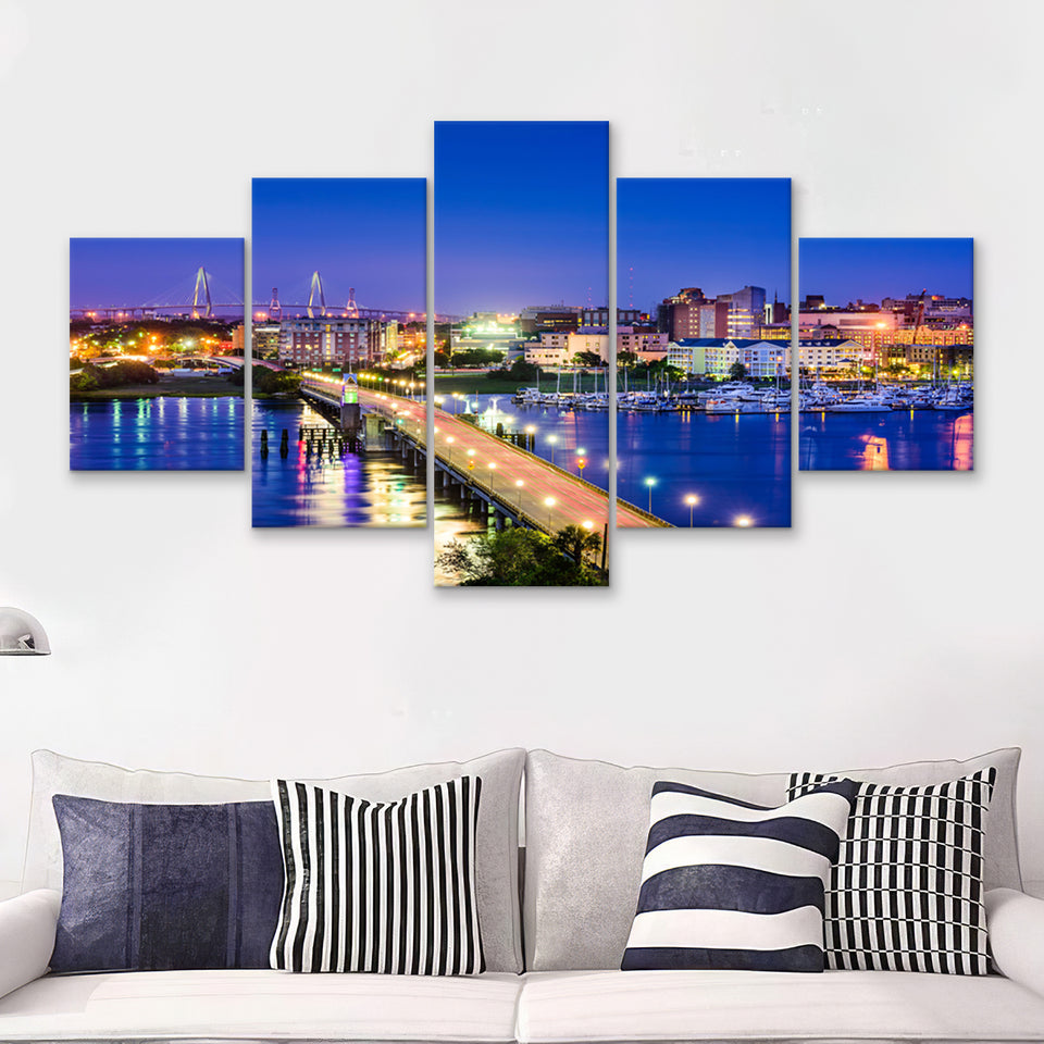 Charleston South Carolina Skyline 5 Pieces Canvas Prints Wall Art - Painting Canvas, Multi Panels, Wall Decor