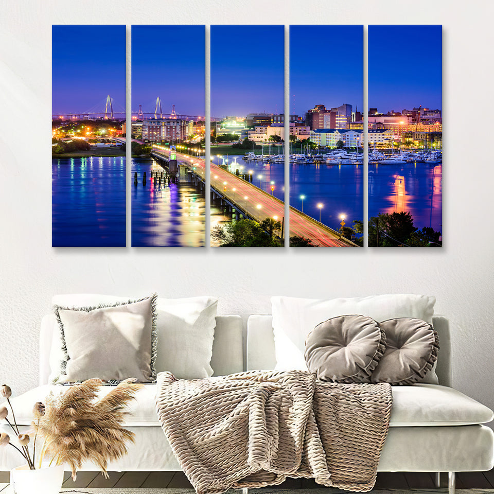 Charleston South Carolina Skyline 5 Pieces Canvas Prints Wall Art - Painting Canvas, Multi Panels, Wall Decor