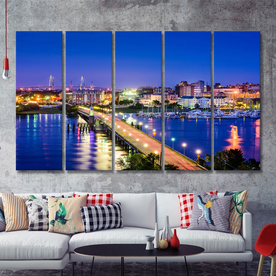 Charleston South Carolina Skyline 5 Pieces Canvas Prints Wall Art - Painting Canvas, Multi Panels, Wall Decor