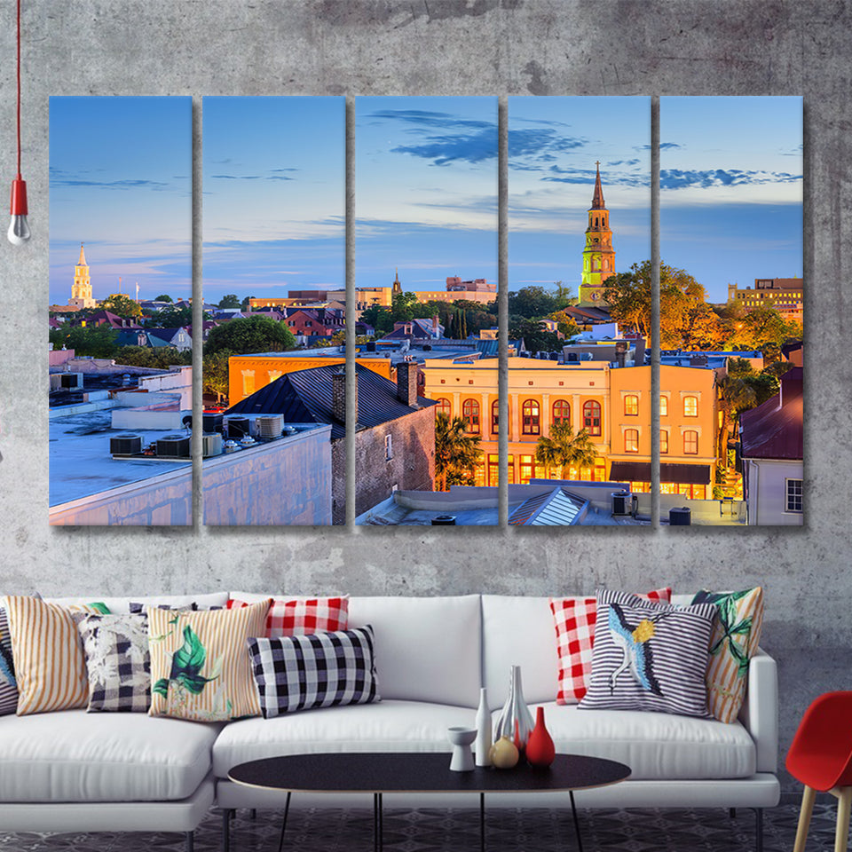 Charleston South Carolina USA town skyline 5 Pieces Canvas Prints Wall Art - Painting Canvas, Multi Panels, Wall Decor