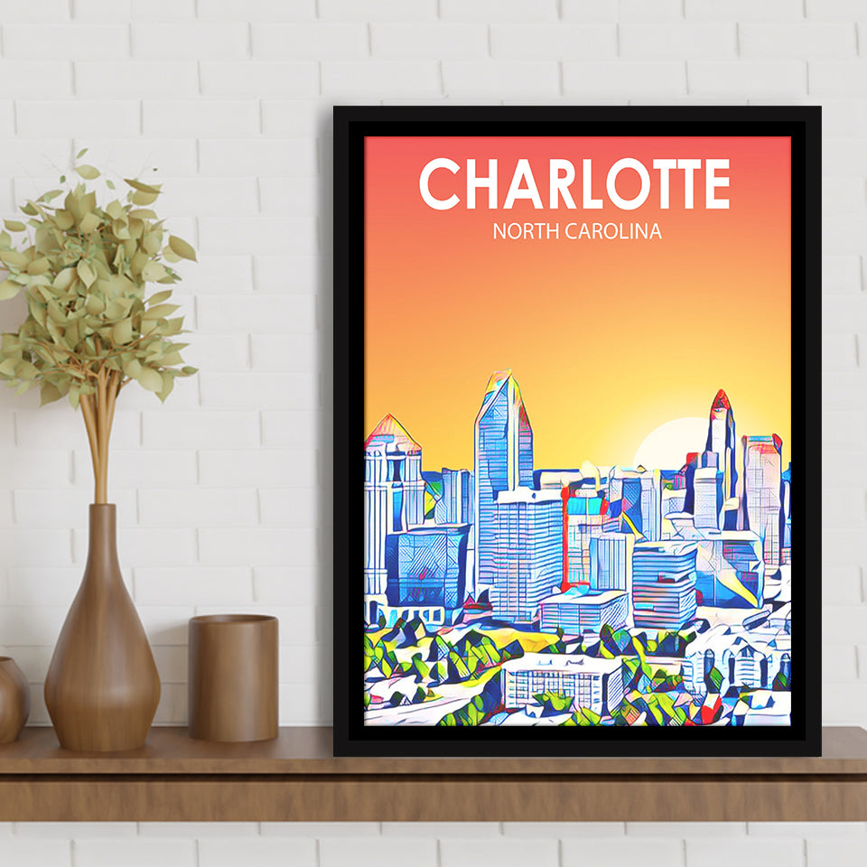 Charlotte North Carolina Art Sunset Landscape, Large Canvas, Framed Canvas Print Wall Art Home Decor, Floating Frame